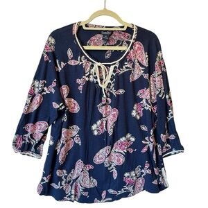 Lucky Brand peasant blouse 3X Blue paisley boho 3/4 sleeves Cotton Womens top